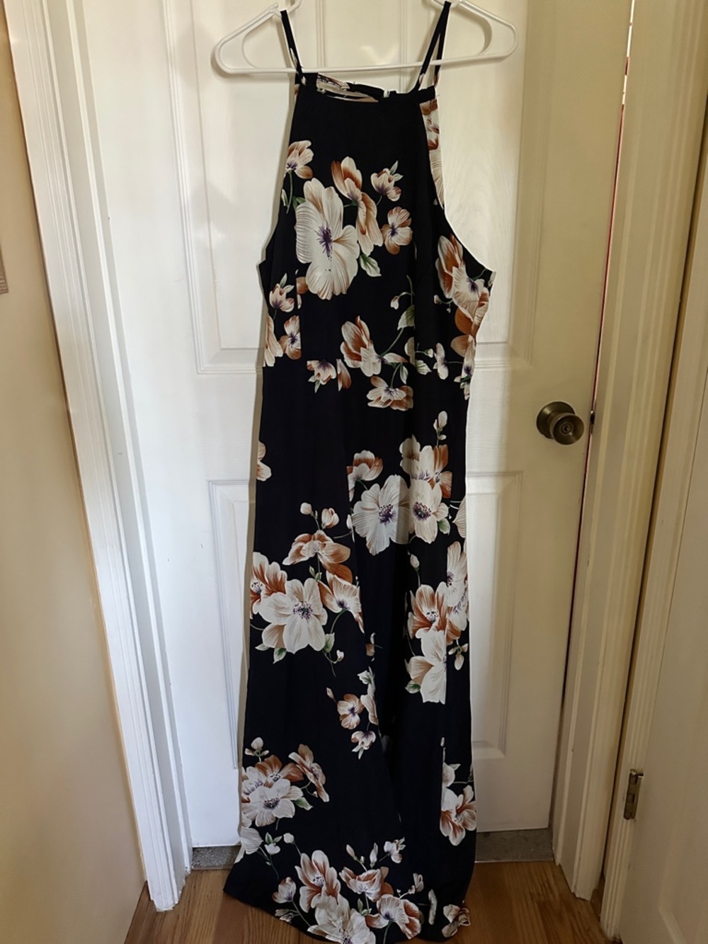 Floral Halter Maxi Dress - Black with Cream & Tan Flowers
